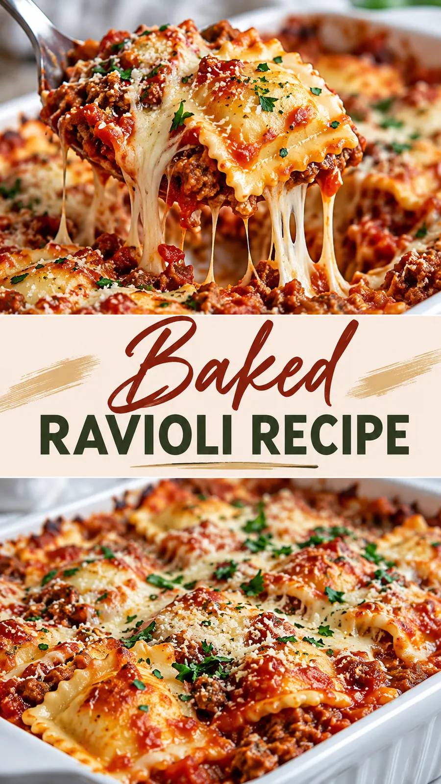 Pinterest image for Baked Ravioli Recipe, with two photos of the recipe