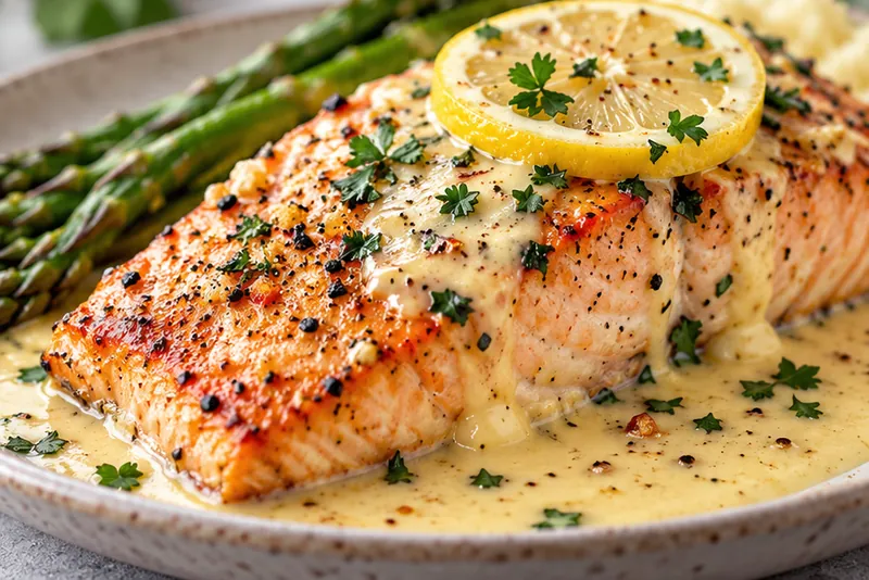 Baked Salmon with Lemon Butter Cream Sauce, ready to serve