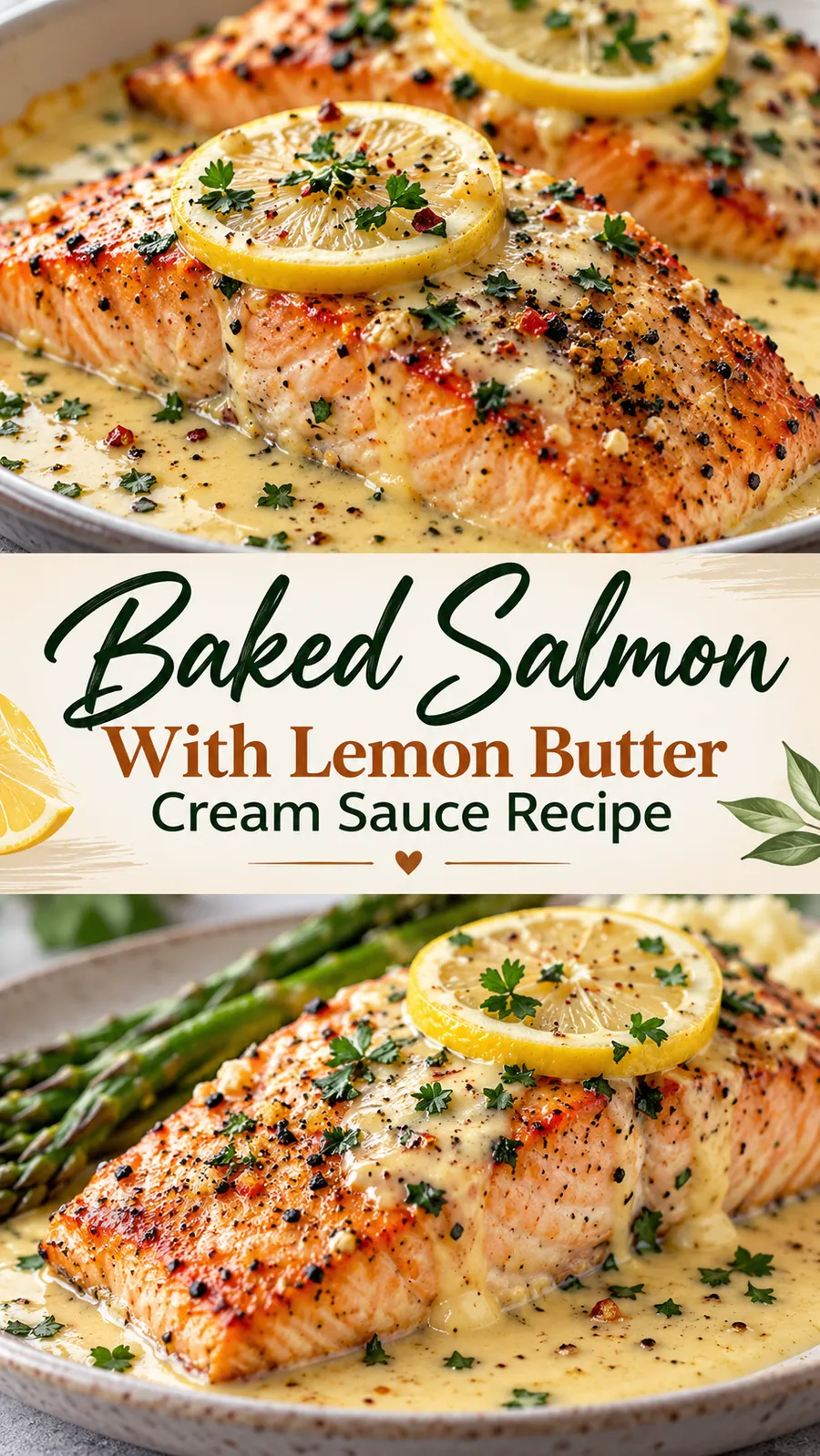 Pinterest image for Baked Salmon With Lemon Butter Cream Sauce Recipe, with two photos of the recipe