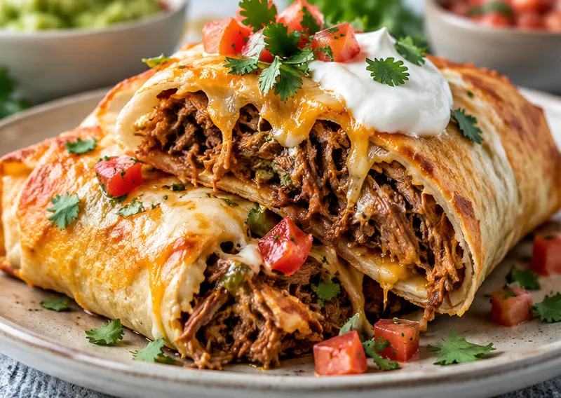 Baked Shredded Beef Chimichangas, ready to serve