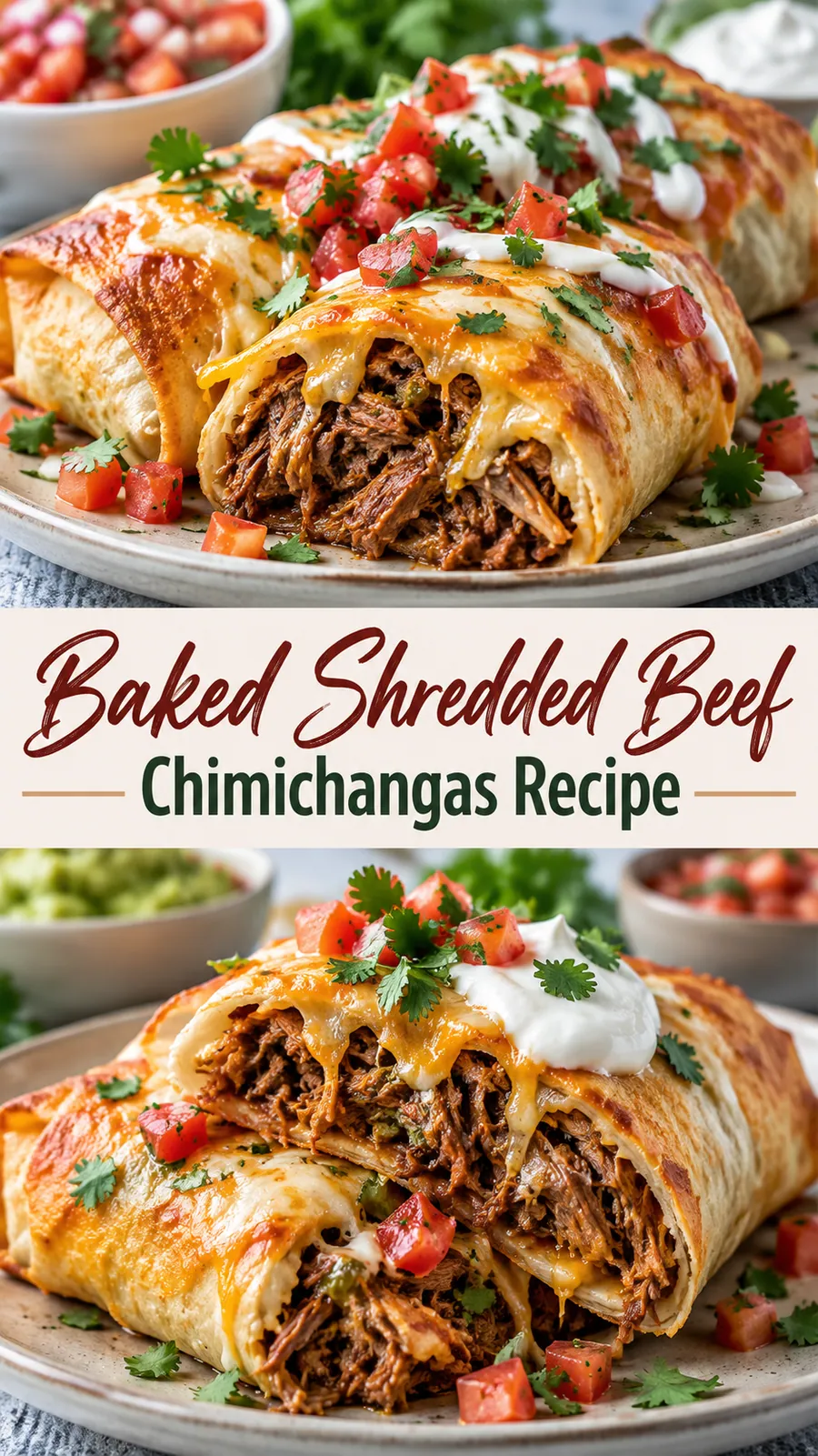 Pinterest image for Baked Shredded Beef Chimichangas Recipe, with two photos of the recipe