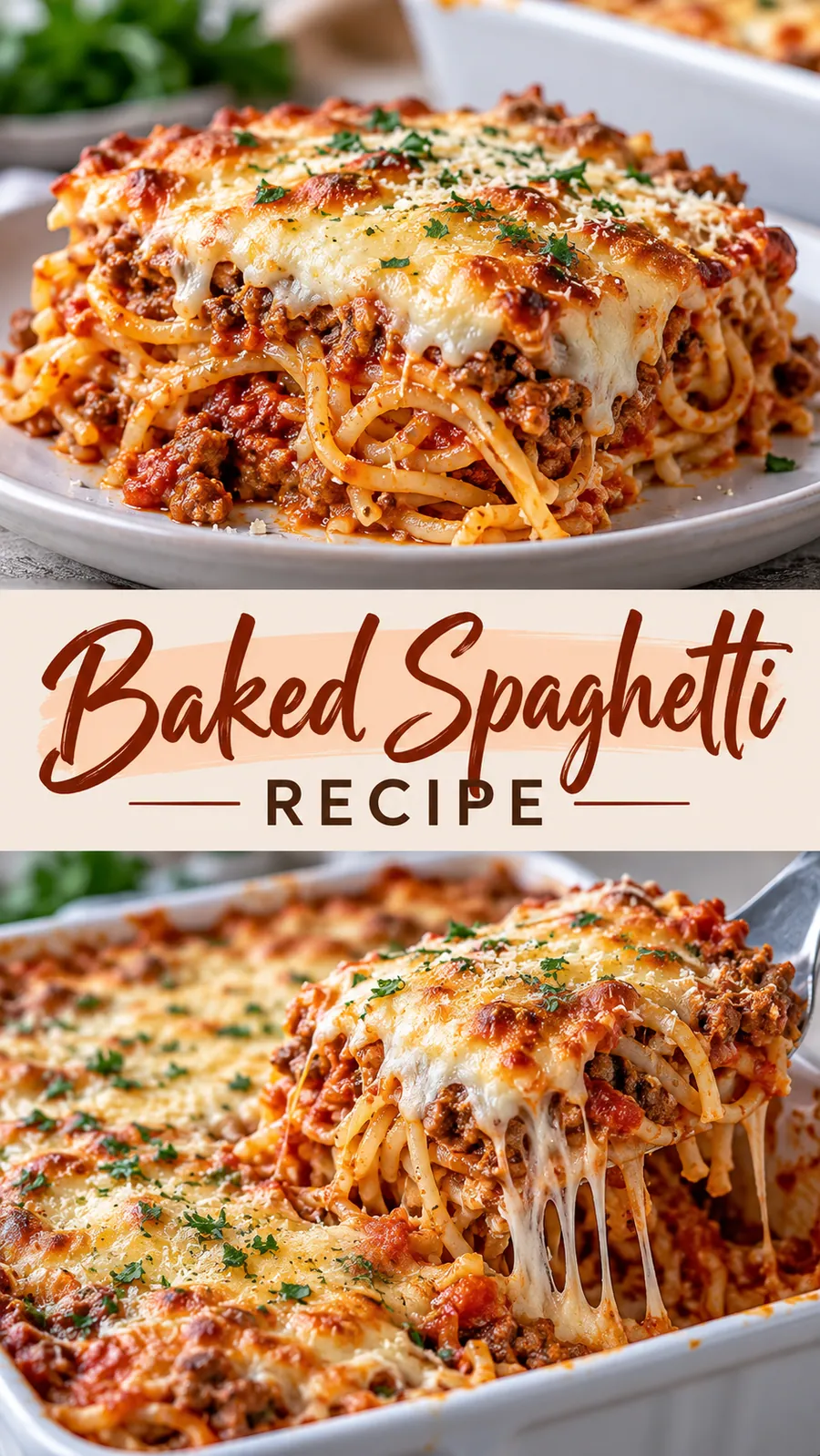Pinterest image for Baked Spaghetti Recipe, with two photos of the recipe