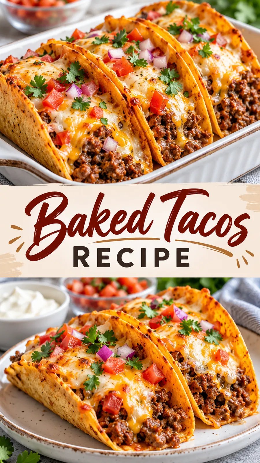 Pinterest image for Baked Tacos Recipe, with two photos of the recipe
