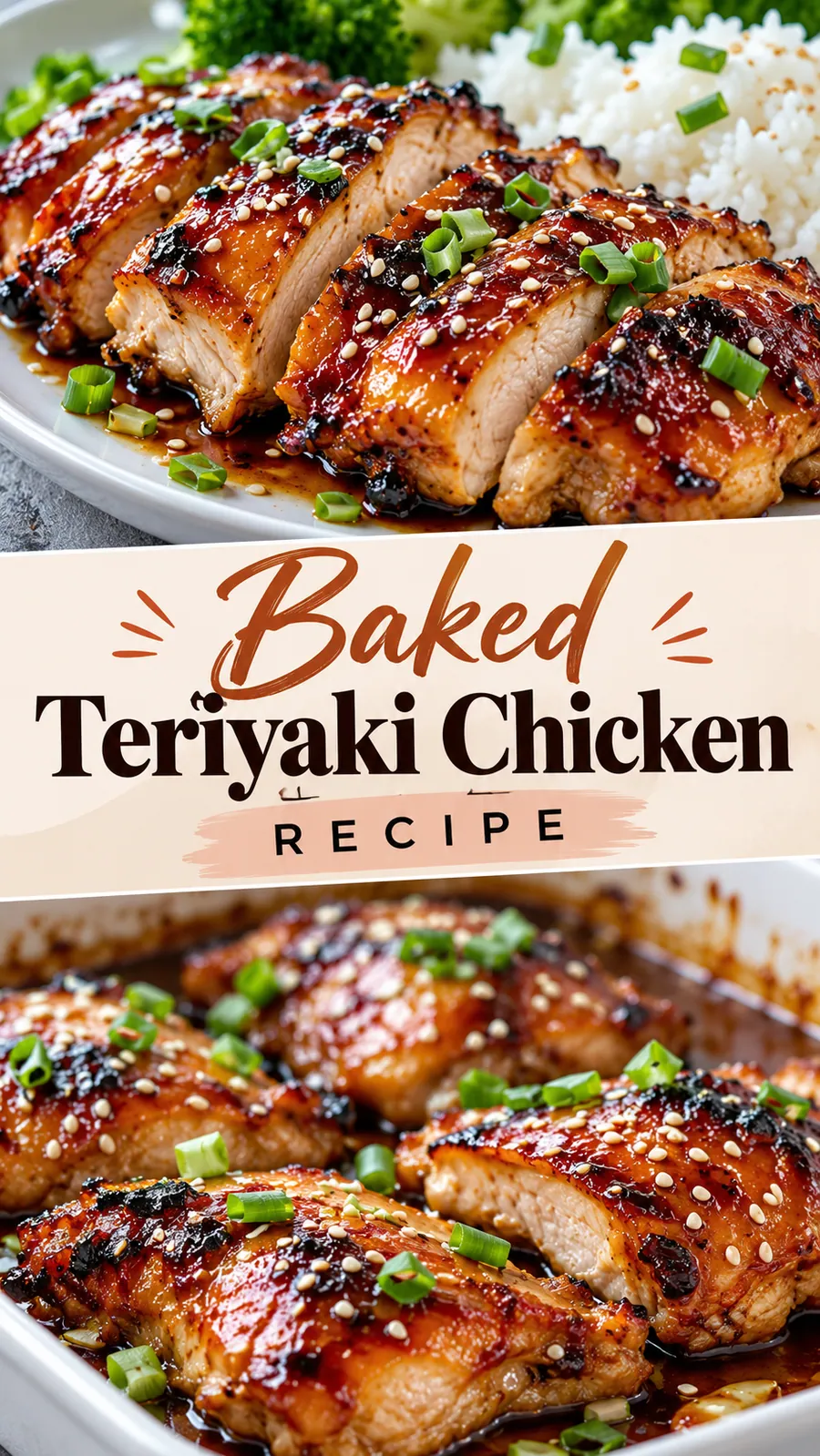 Pinterest image for Baked Teriyaki Chicken Recipe, with two photos of the recipe
