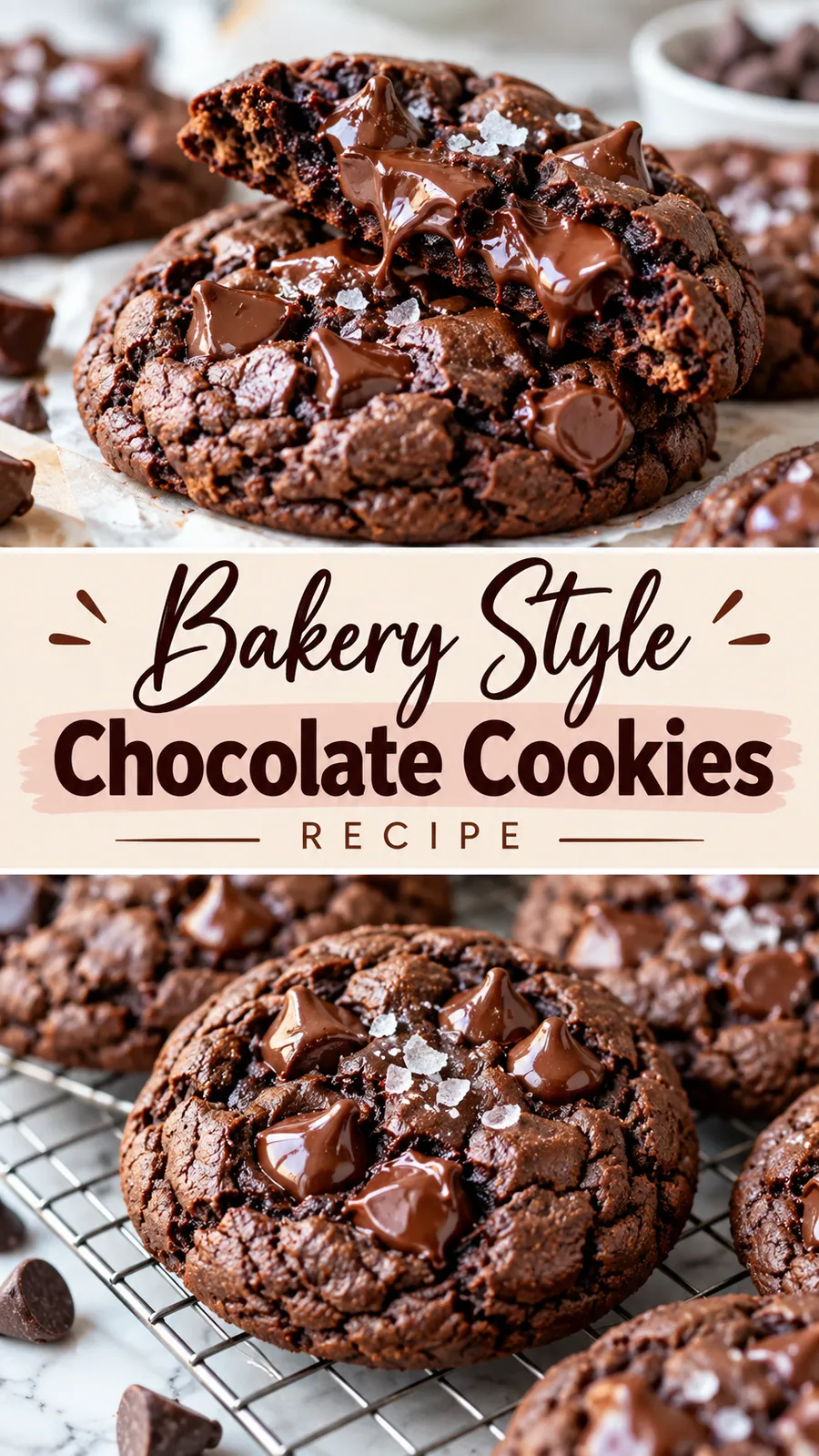Pinterest image for Bakery Style Chocolate Cookies Recipe, with two photos of the recipe