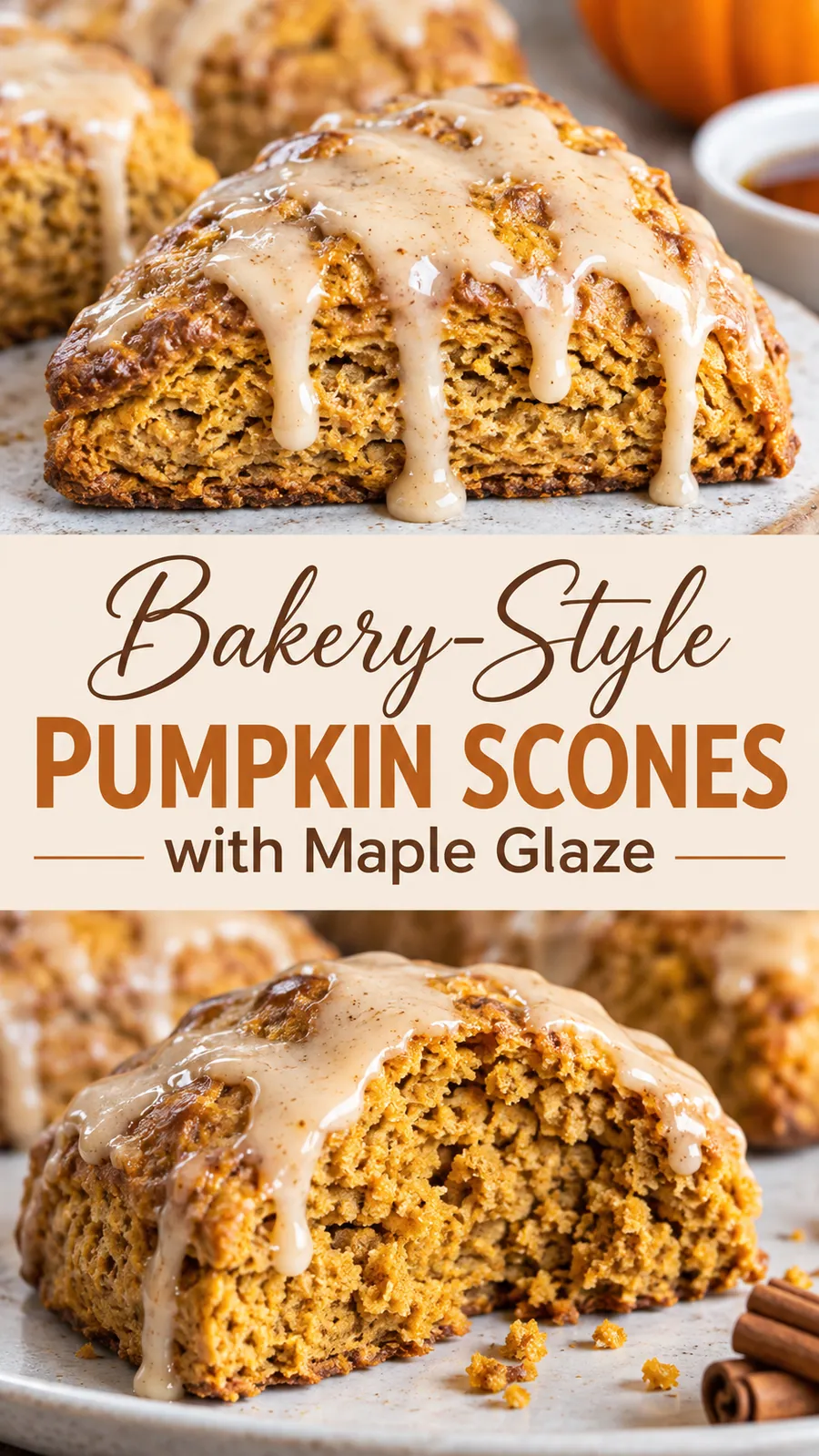 Pinterest image for Bakery-Style Pumpkin Scones with Maple Glaze, with two photos of the recipe