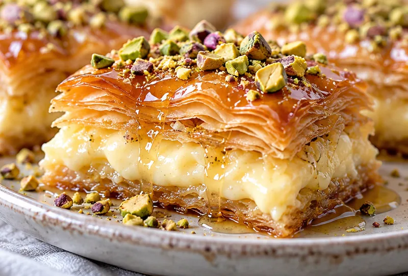 Baklava with Pastry Cream and Honey, ready to serve