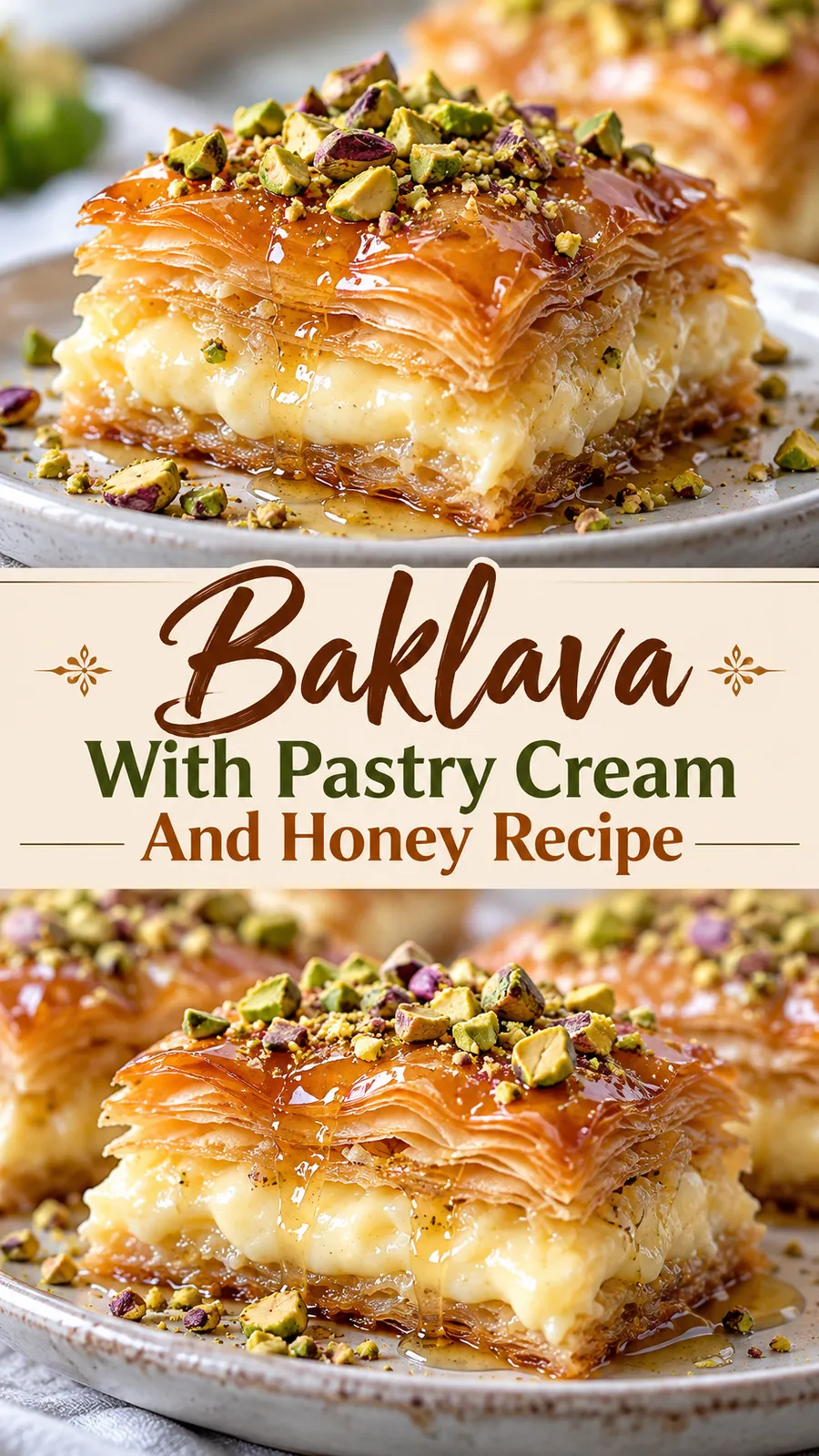 Pinterest image for Baklava With Pastry Cream And Honey Recipe, with two photos of the recipe