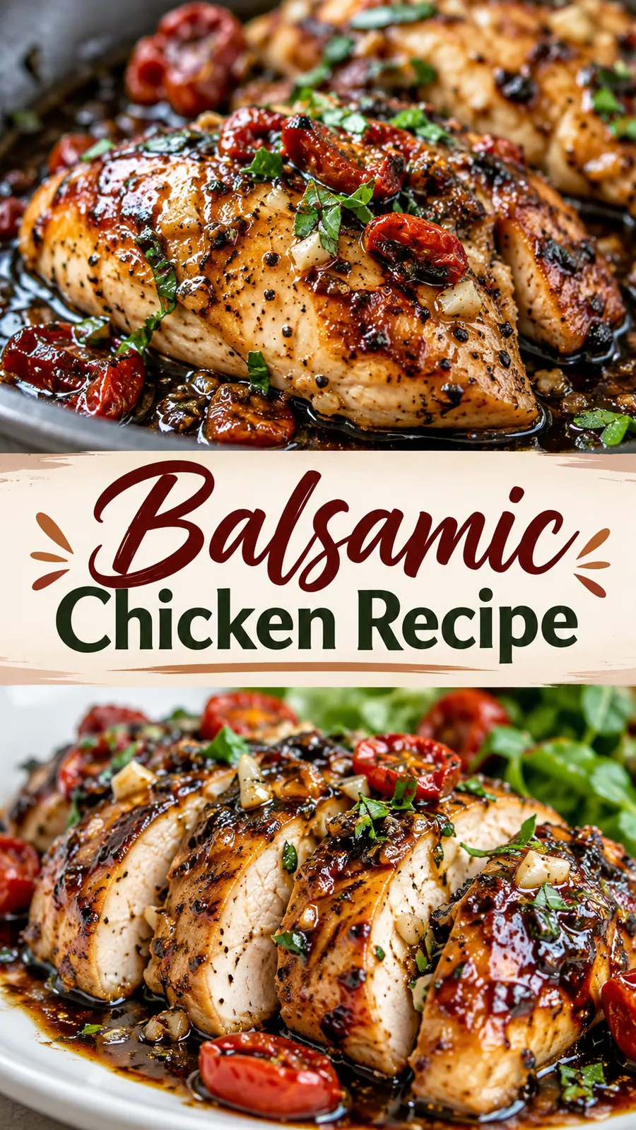 Pinterest image for Balsamic Chicken Recipe, with two photos of the recipe