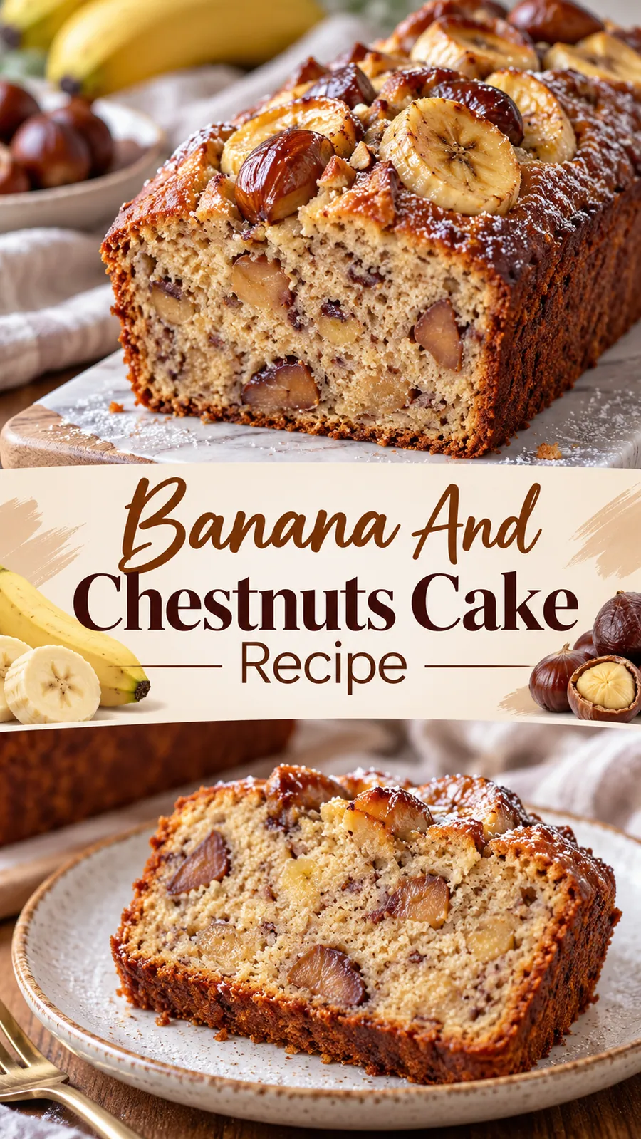Pinterest image for Banana And Chestnuts Cake Recipe, with two photos of the recipe