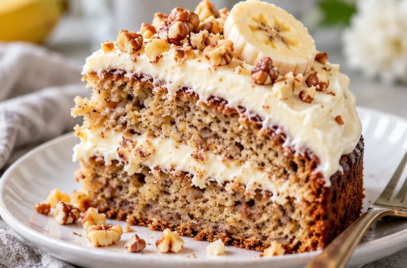 Banana Bread Cake with Cream Cheese Frosting, ready to serve