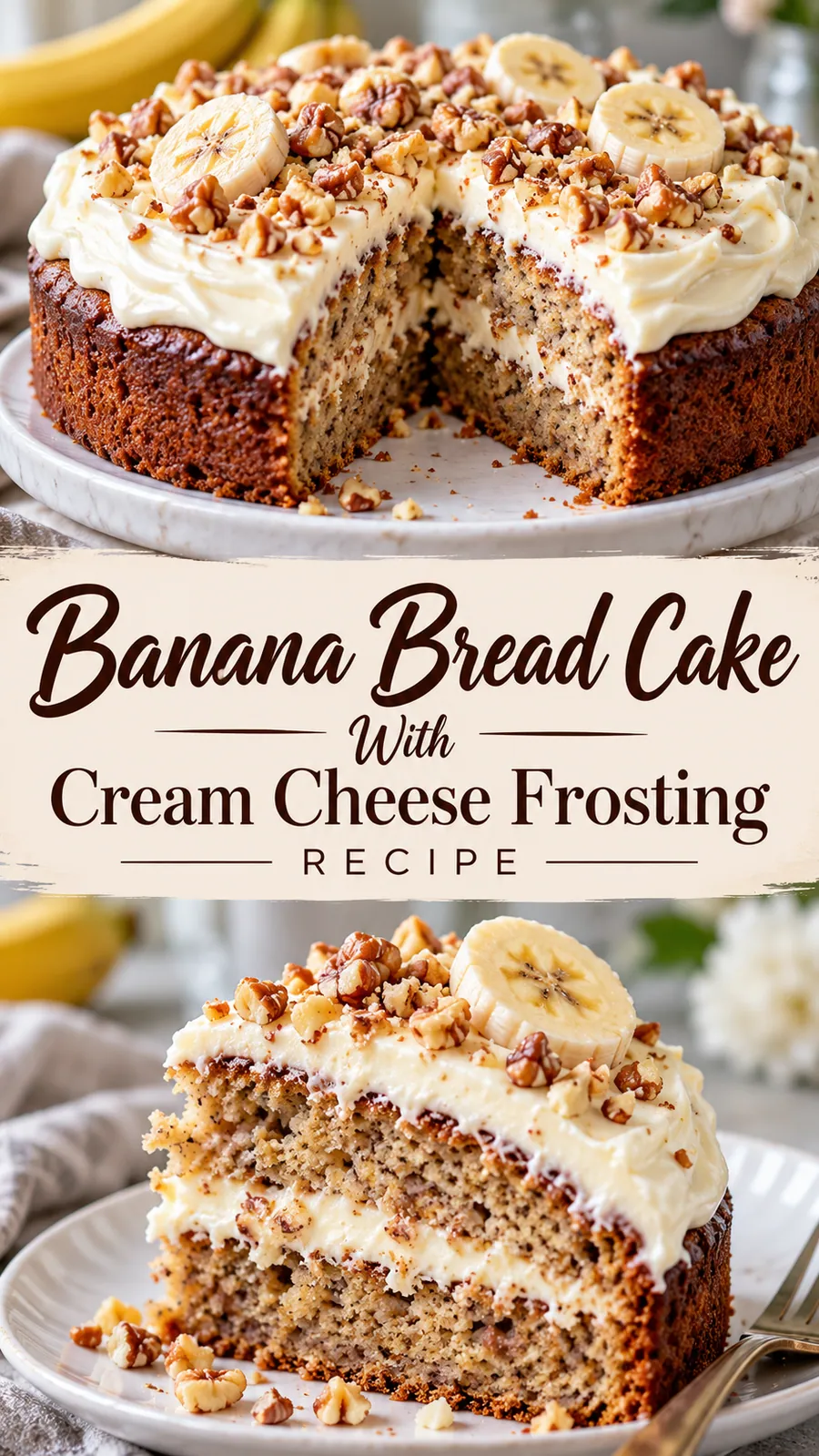 Pinterest image for Banana Bread Cake With Cream Cheese Frosting Recipe, with two photos of the recipe