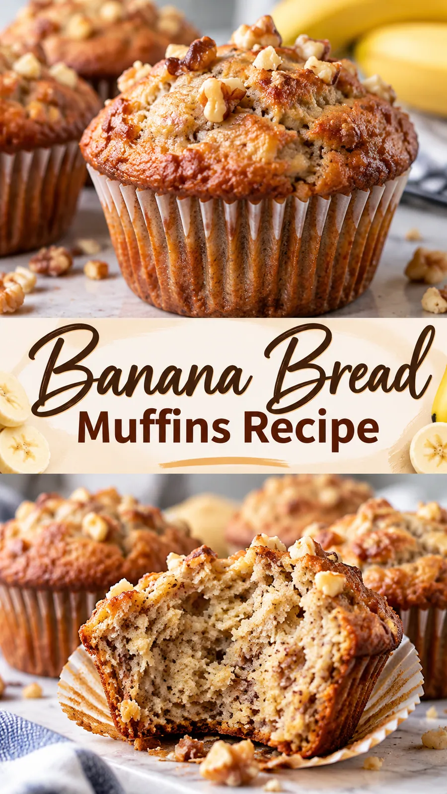 Pinterest image for Banana Bread Muffins Recipe, with two photos of the recipe