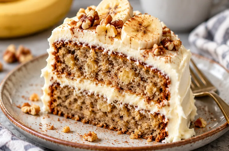 Banana Cake with Cream Cheese Frosting, ready to serve