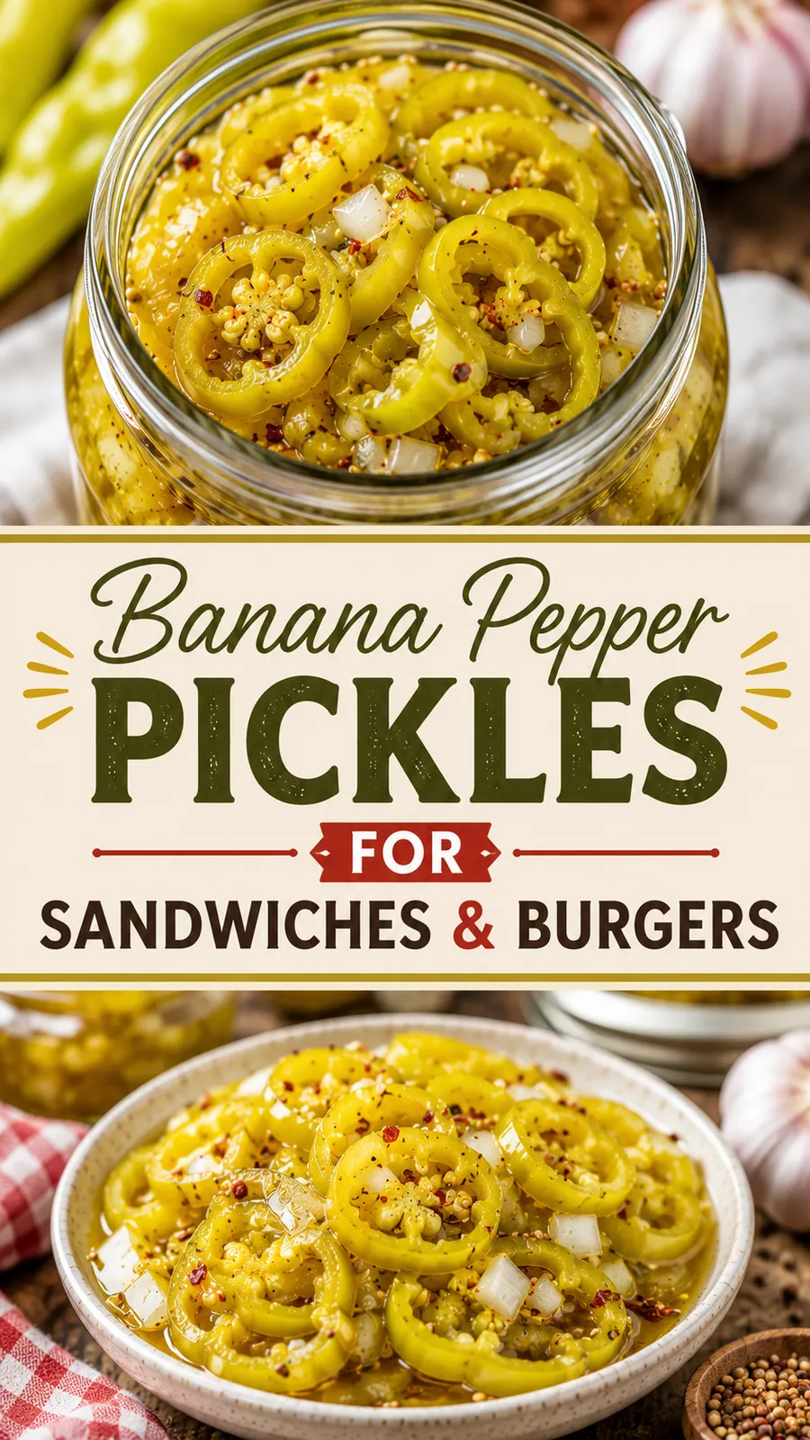Pinterest image for Banana Pepper Pickles For Sandwiches And Burgers, with two photos of the recipe