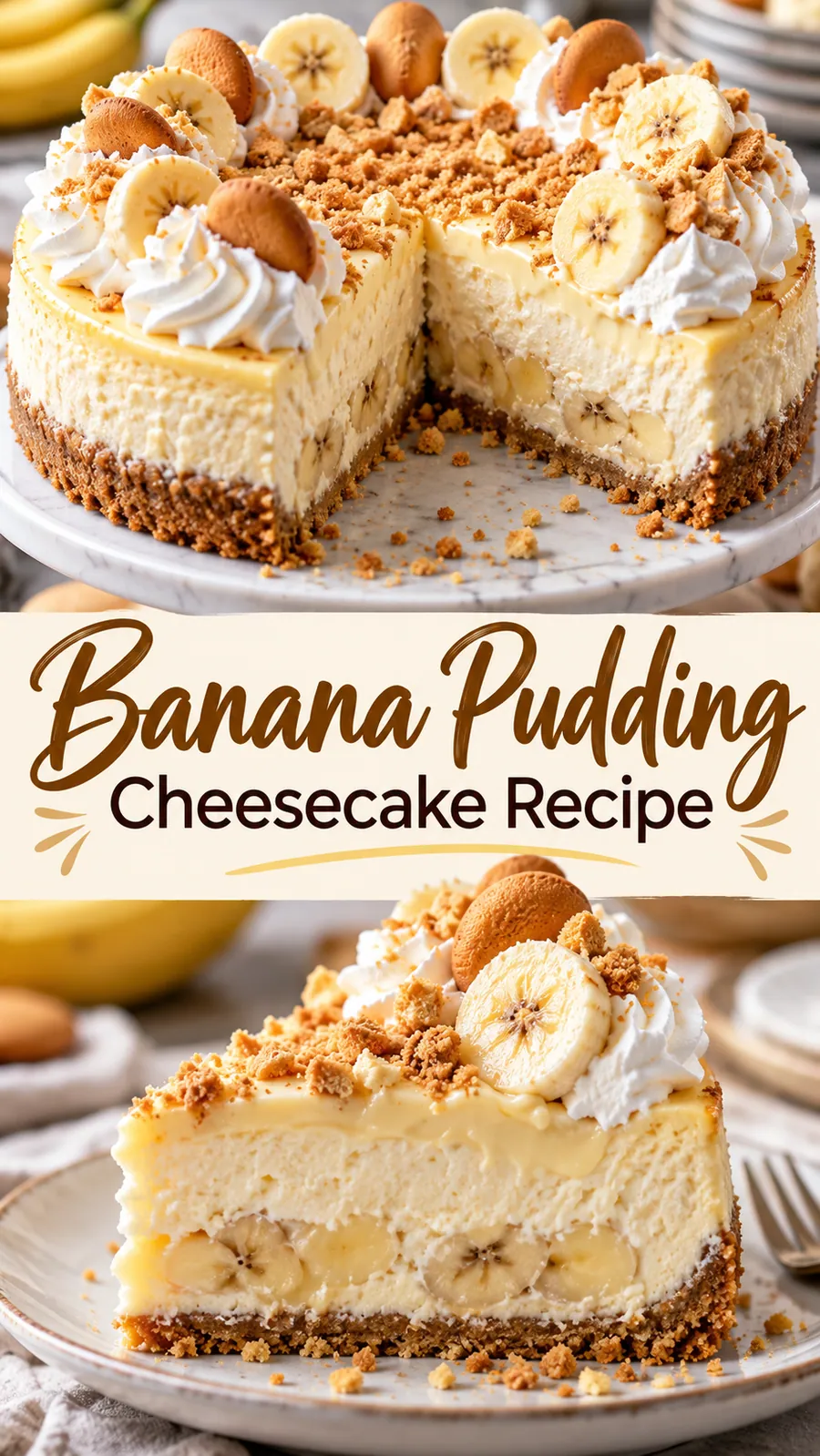 Pinterest image for Banana Pudding Cheesecake Recipe, with two photos of the recipe