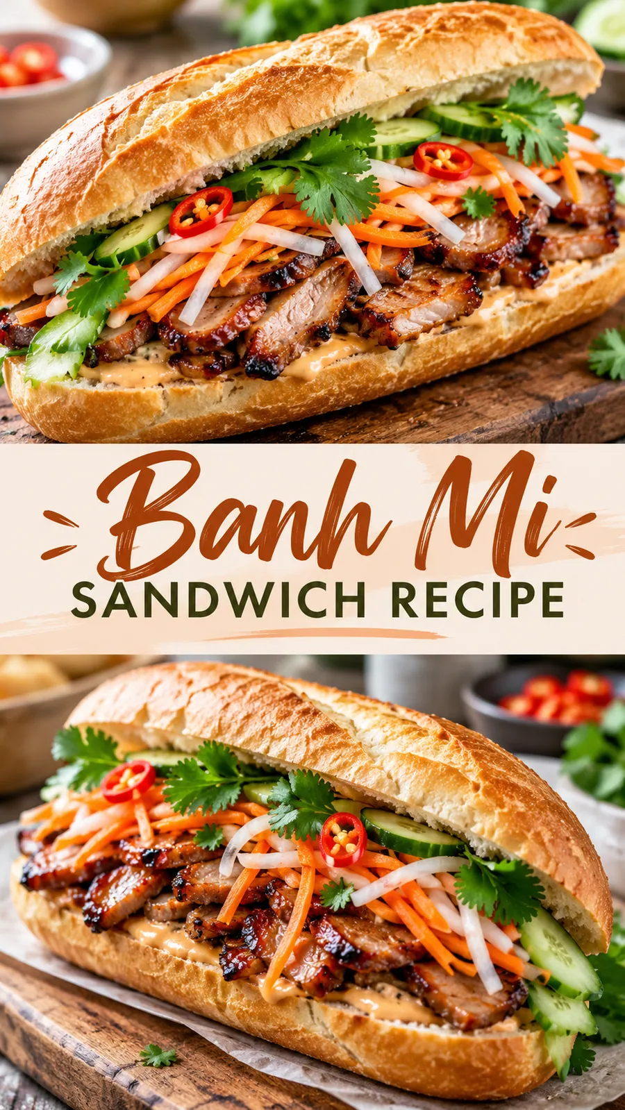 Pinterest image for Banh Mi Sandwich Recipe, with two photos of the recipe