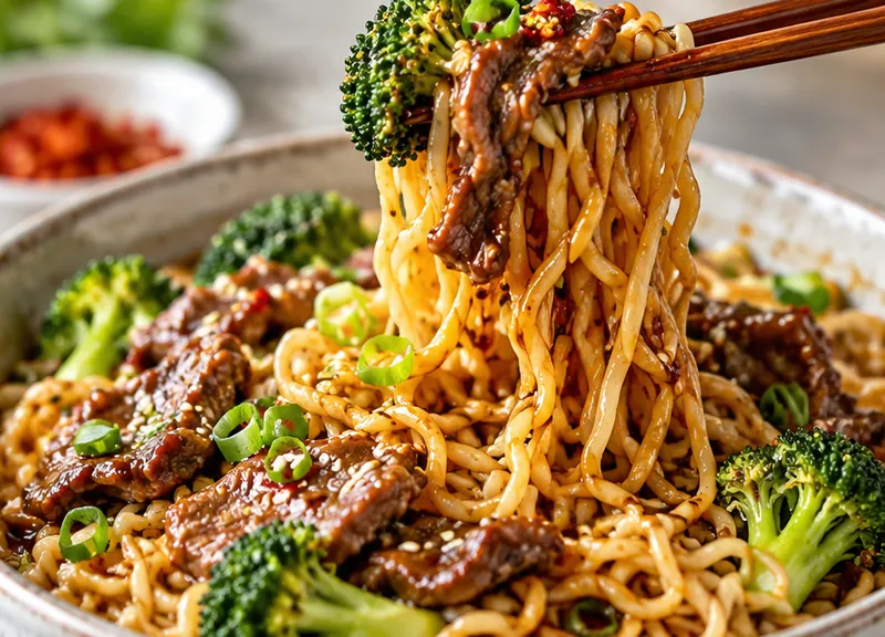 Beef and Broccoli Ramen, ready to serve