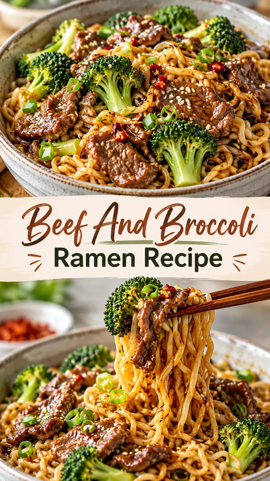 Pinterest image for Beef And Broccoli Ramen Recipe, with two photos of the recipe