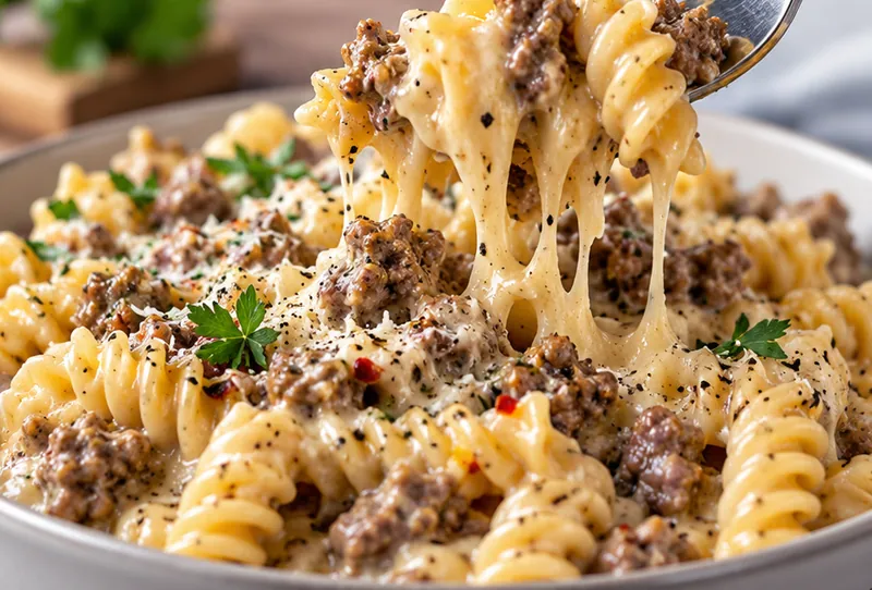 Beef and Rotini in Garlic Parmesan Sauce, ready to serve