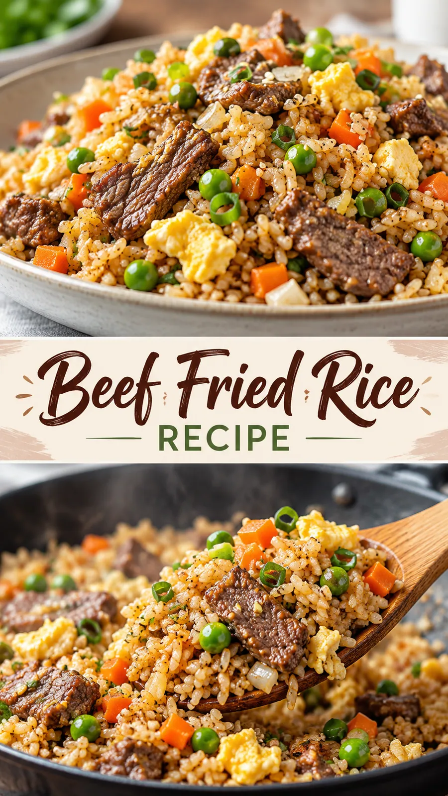 Pinterest image for Beef Fried Rice Recipe, with two photos of the recipe