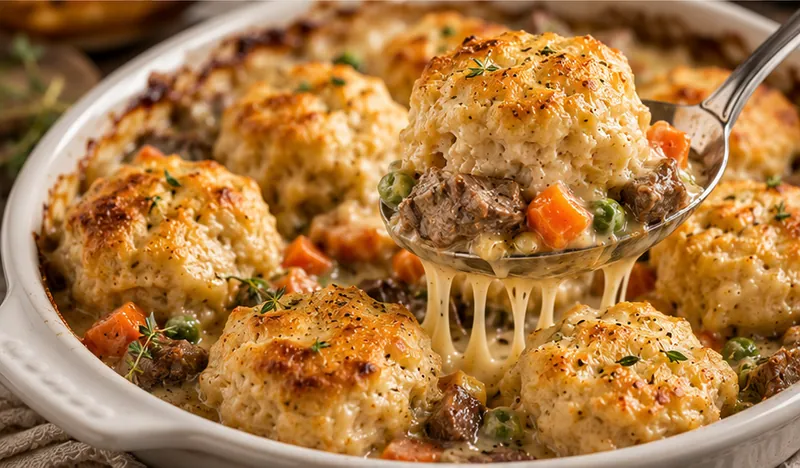Beef Pot Pie Dumpling Bake, ready to serve