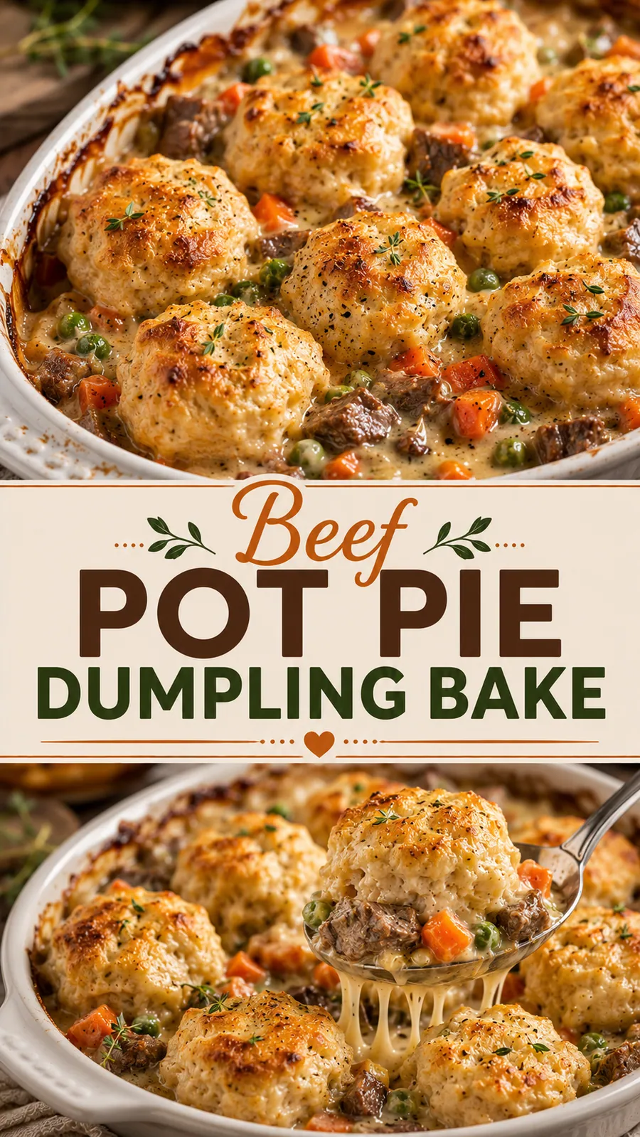 Pinterest image for Beef Pot Pie Dumpling Bake, with two photos of the recipe