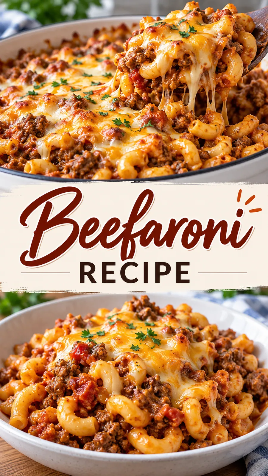 Pinterest image for Beefaroni Recipe, with two photos of the recipe