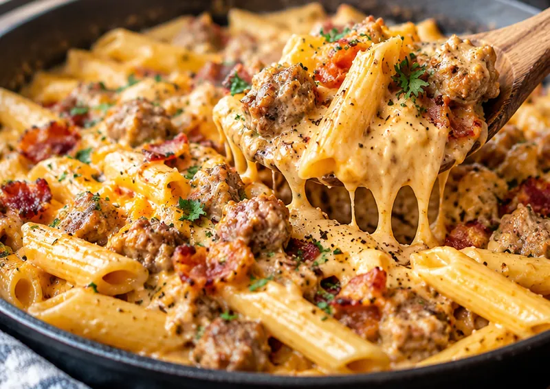 Beer Cheese and Sausage Pasta, ready to serve