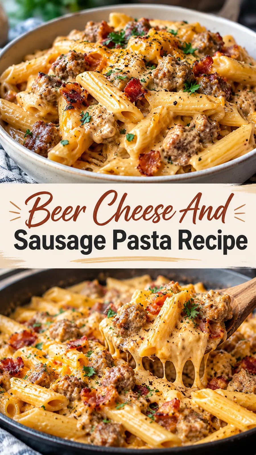 Pinterest image for Beer Cheese And Sausage Pasta Recipe, with two photos of the recipe