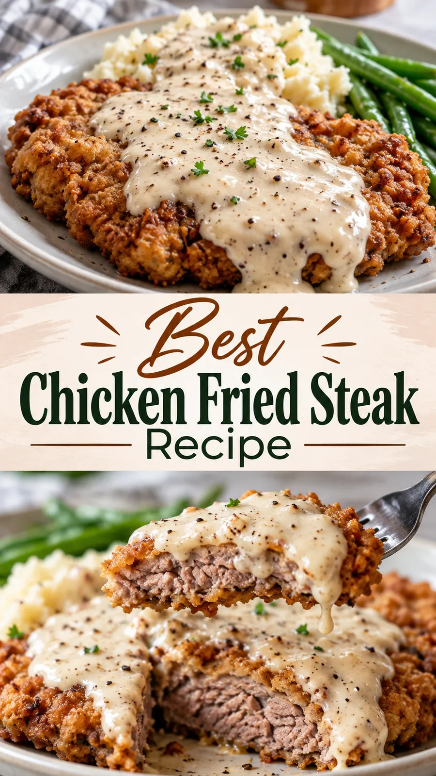 Pinterest image for Best Chicken Fried Steak Recipe, with two photos of the recipe