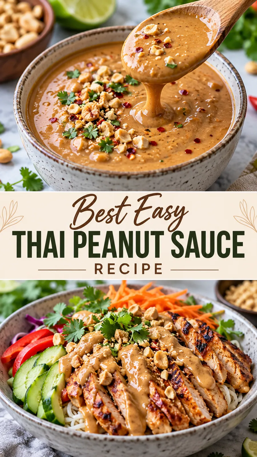 Pinterest image for Best Easy Thai Peanut Sauce Recipe, with two photos of the recipe
