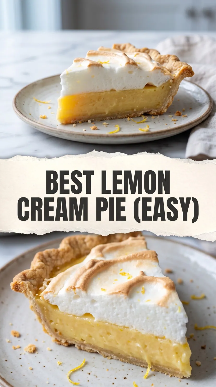 Pinterest image for Best Lemon Cream Pie Recipe (Easy), with two photos of the recipe