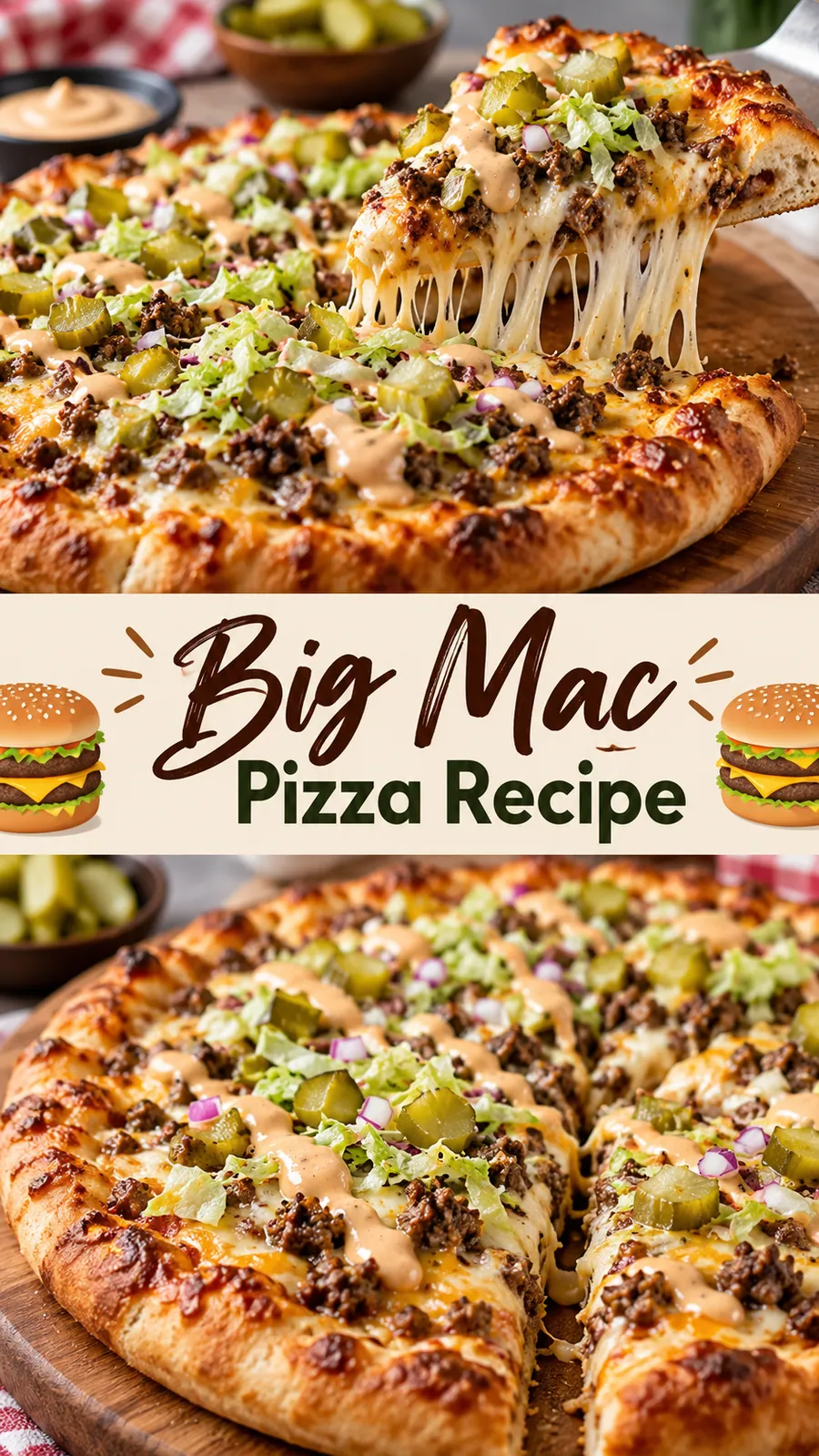 Pinterest image for Big Mac Pizza Recipe, with two photos of the recipe