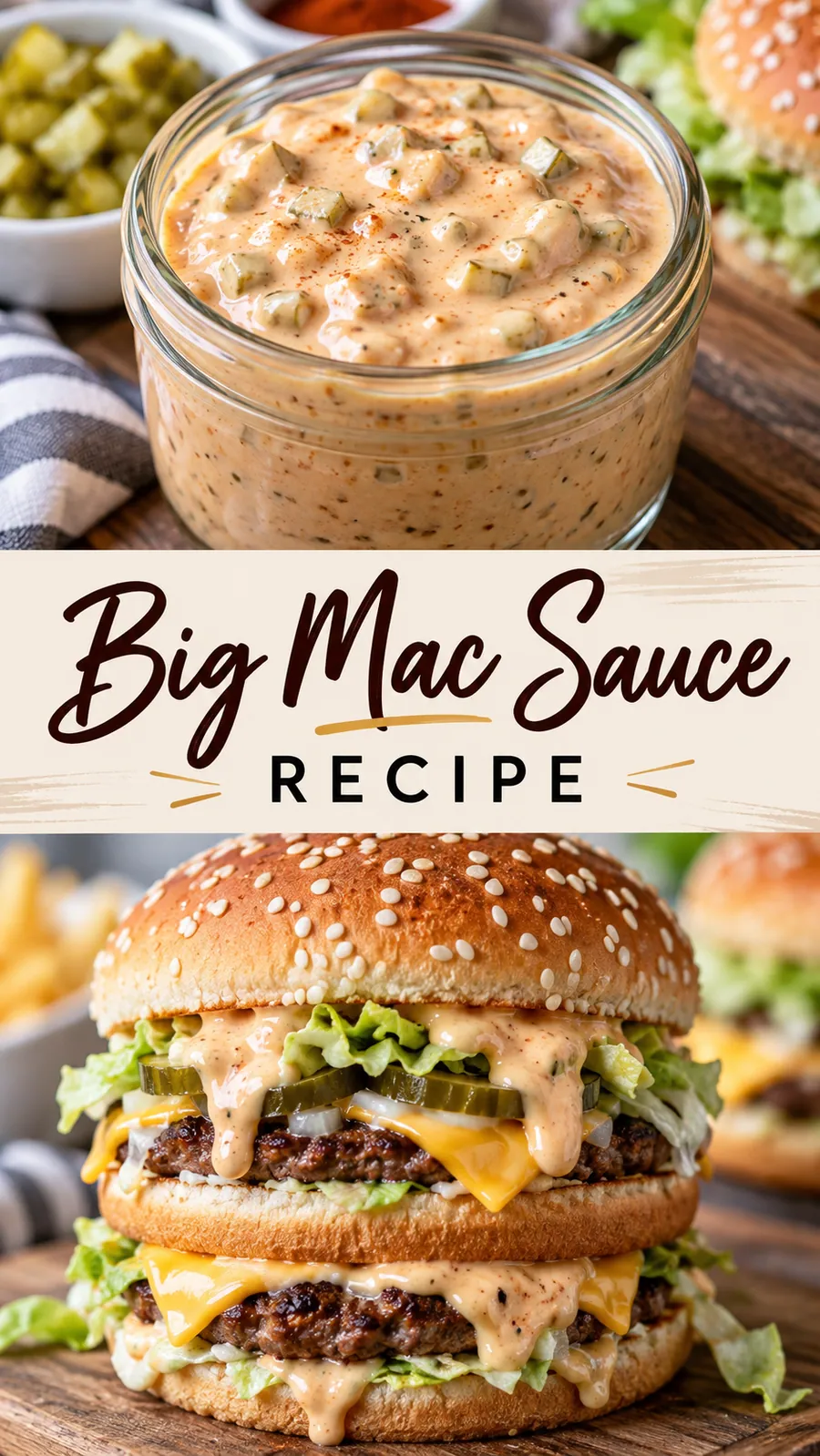 Pinterest image for Big Mac Sauce Recipe, with two photos of the recipe