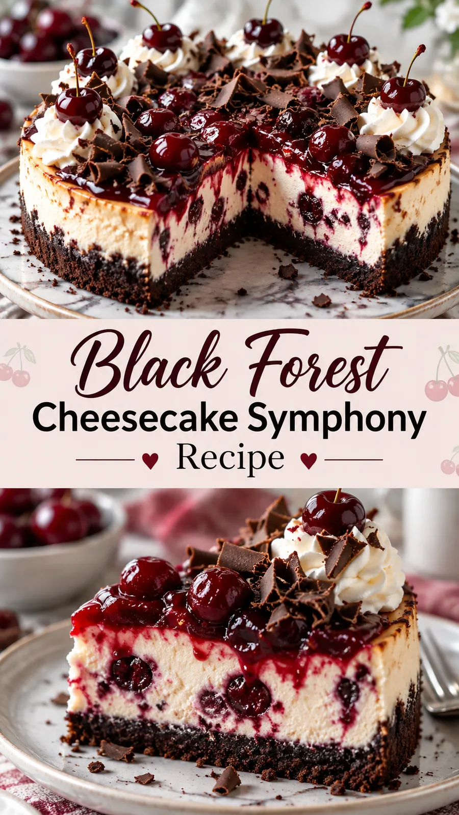 Pinterest image for Black Forest Cheesecake Symphony Recipe, with two photos of the recipe