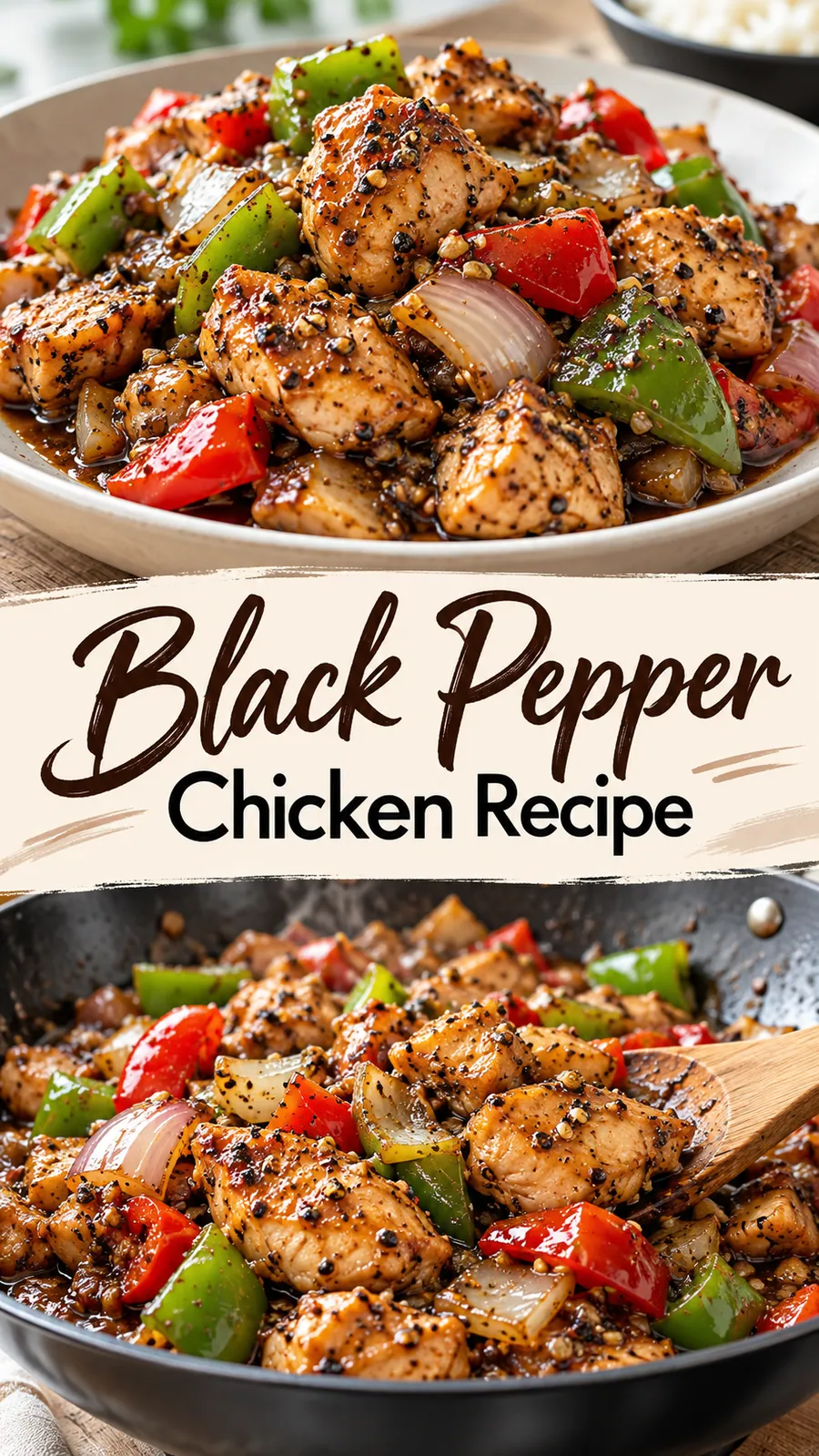 Pinterest image for Black Pepper Chicken Recipe, with two photos of the recipe
