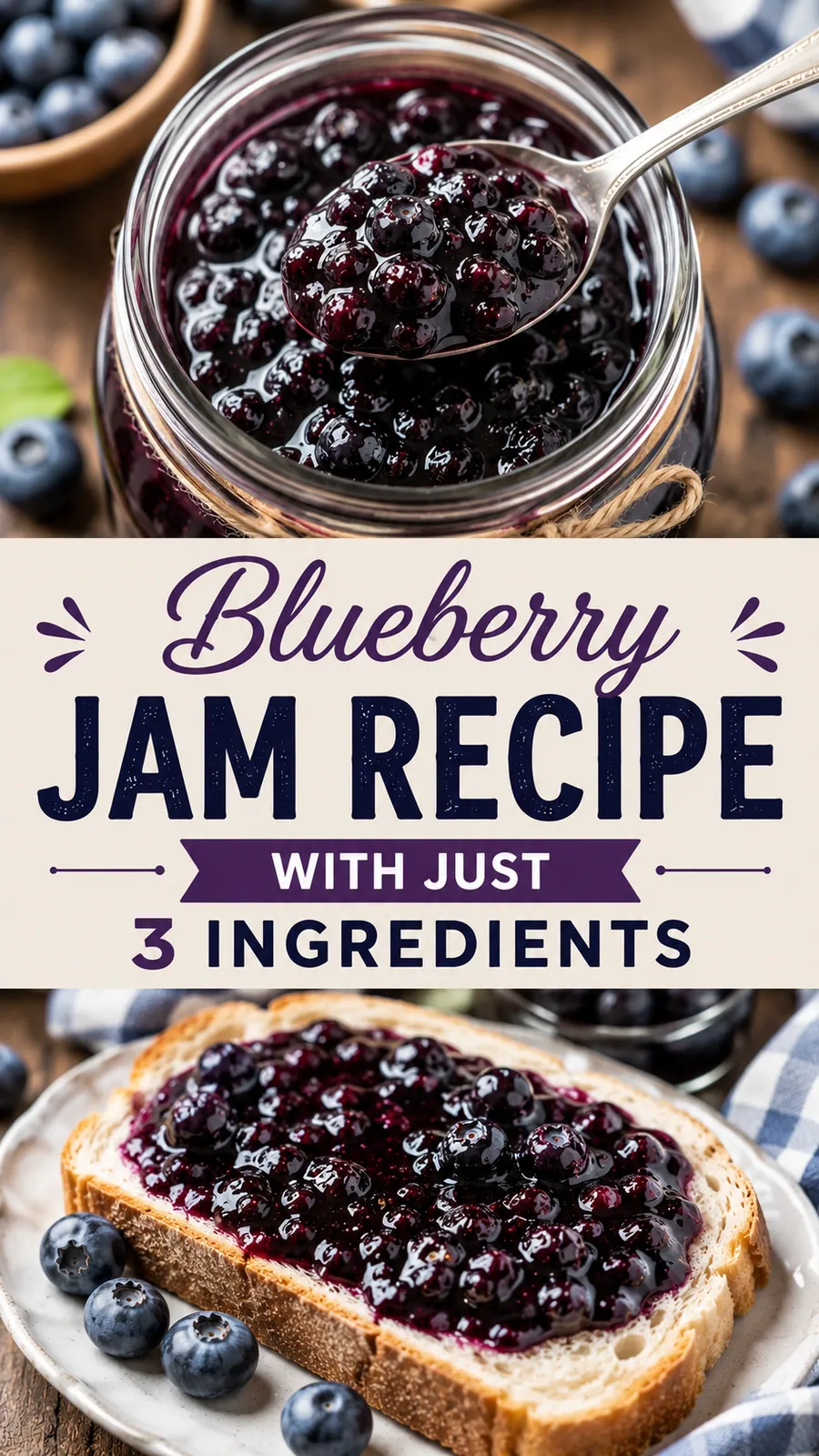 Pinterest image for Blueberry Jam Recipe With Just 3 Ingredients, with two photos of the recipe