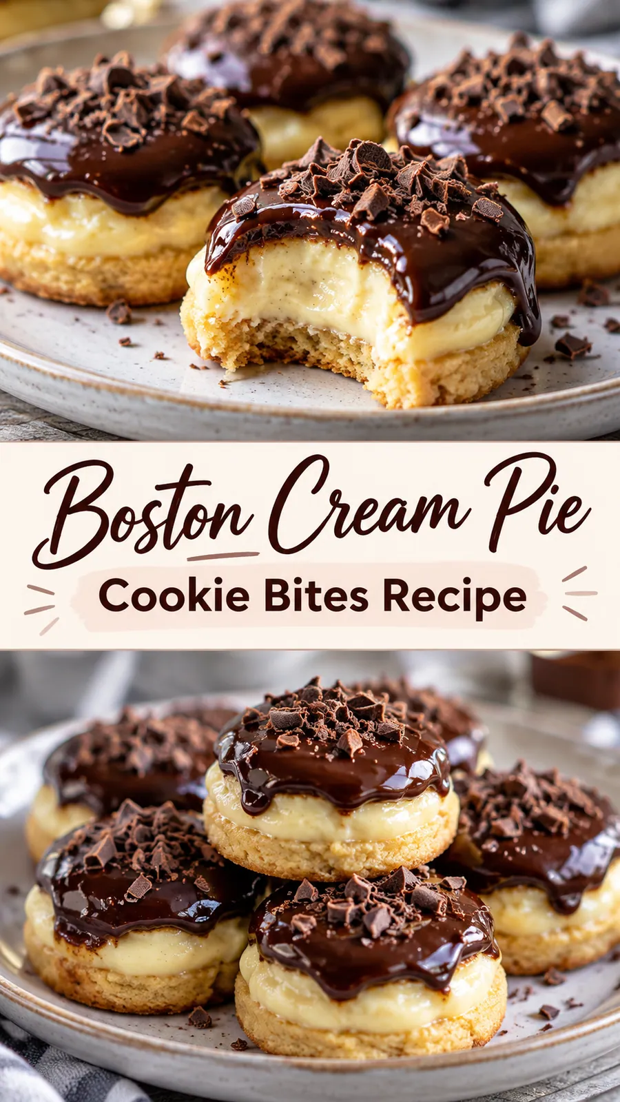 Pinterest image for Boston Cream Pie Cookie Bites Recipe, with two photos of the recipe
