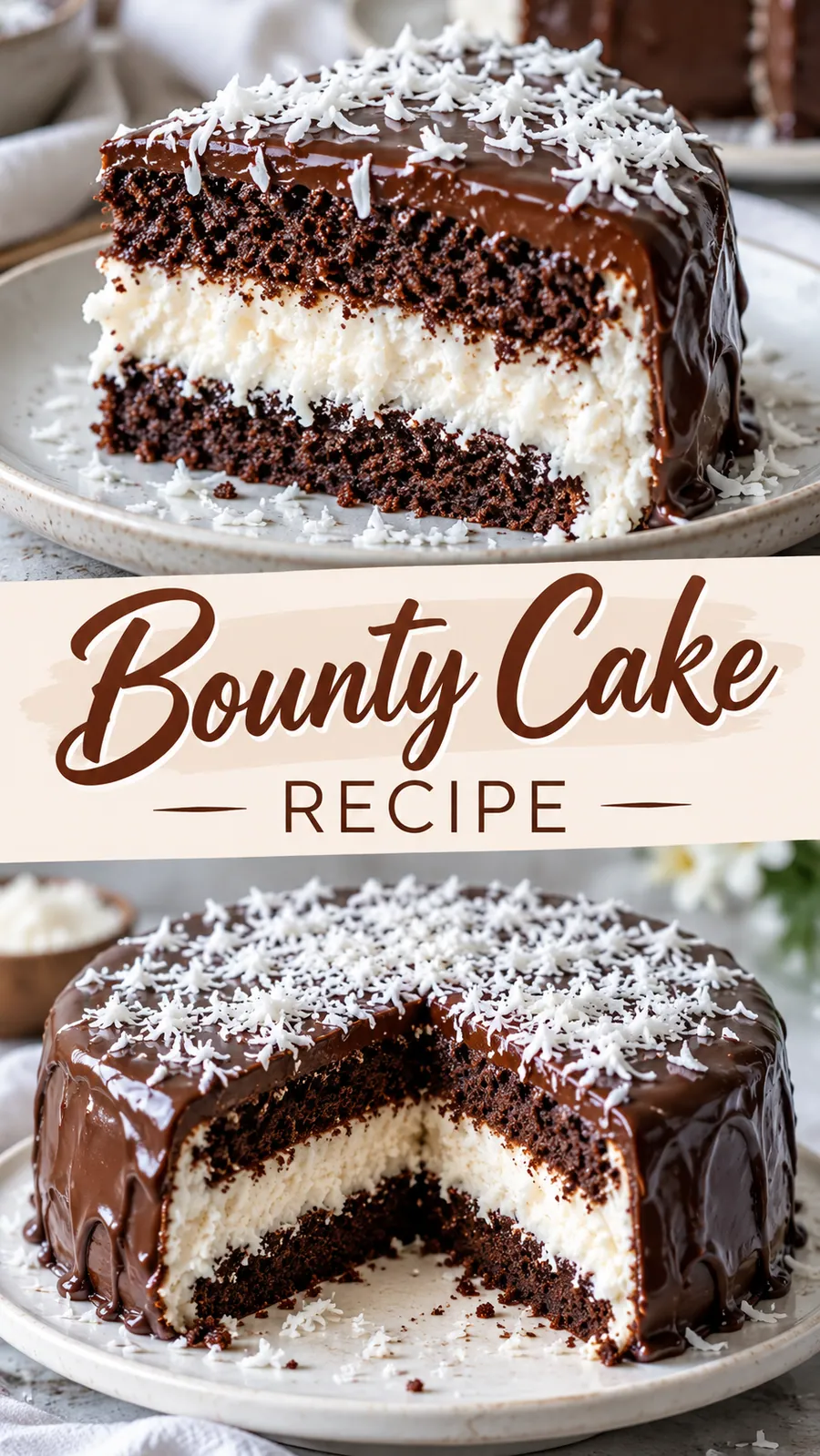 Pinterest image for Bounty Cake Recipe, with two photos of the recipe