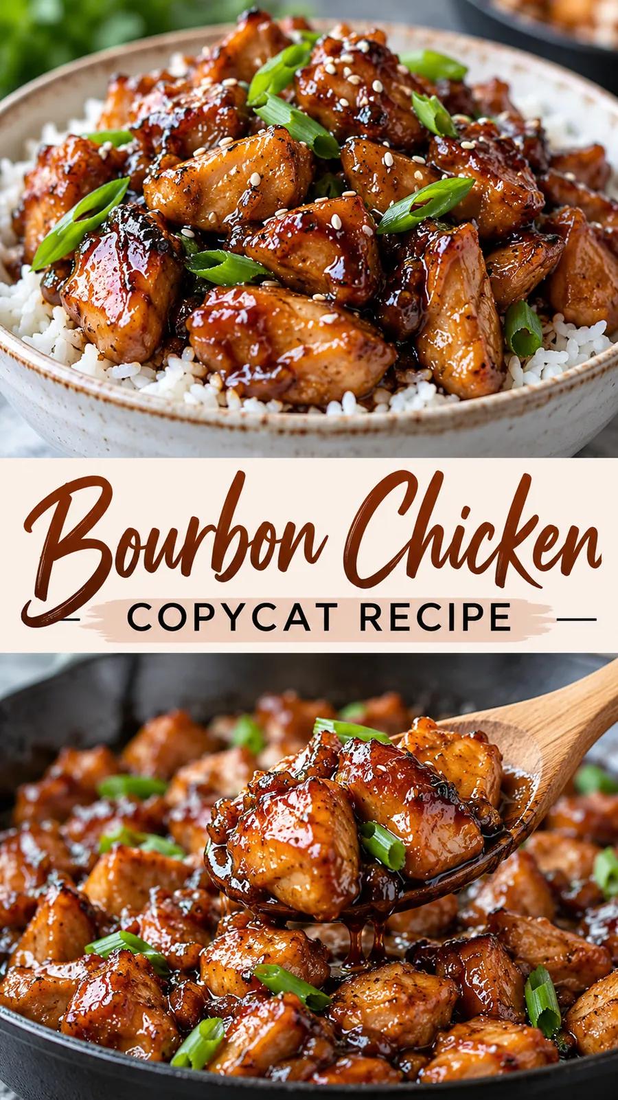 Pinterest image for Bourbon Chicken Copycat Recipe, with two photos of the recipe