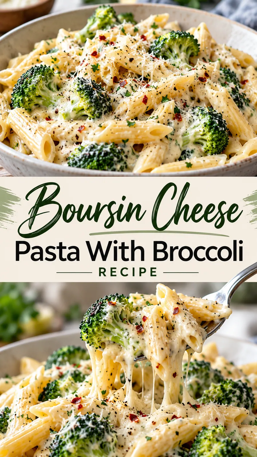 Pinterest image for Boursin Cheese Pasta With Broccoli Recipe, with two photos of the recipe