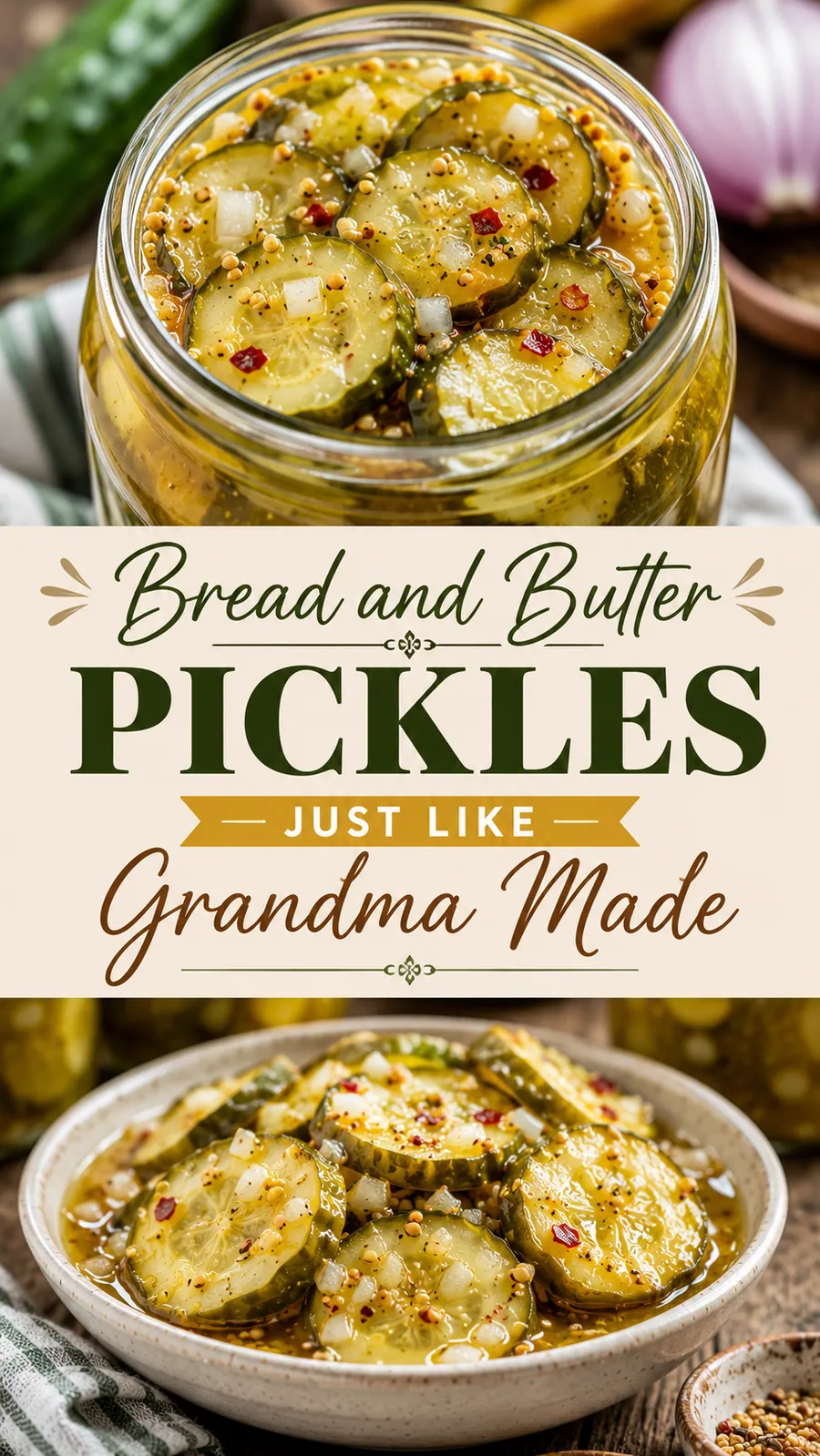 Pinterest image for Bread And Butter Pickles Just Like Grandma Made, with two photos of the recipe