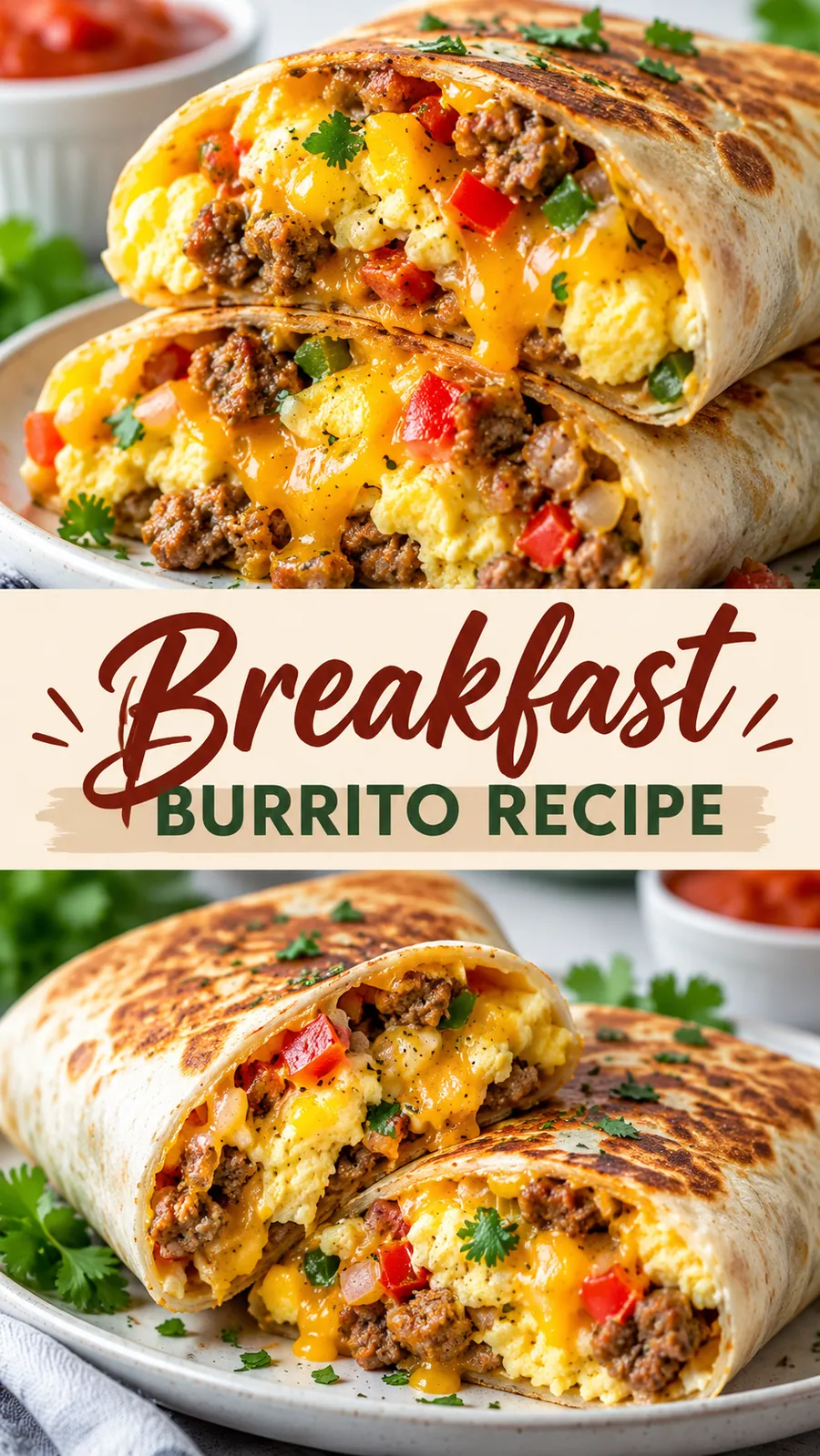Pinterest image for Breakfast Burrito Recipe, with two photos of the recipe