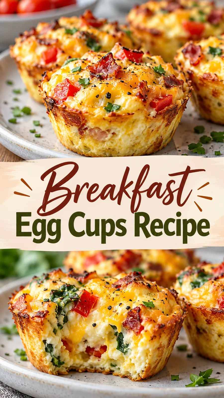 Pinterest image for Breakfast Egg Cups Recipe, with two photos of the recipe