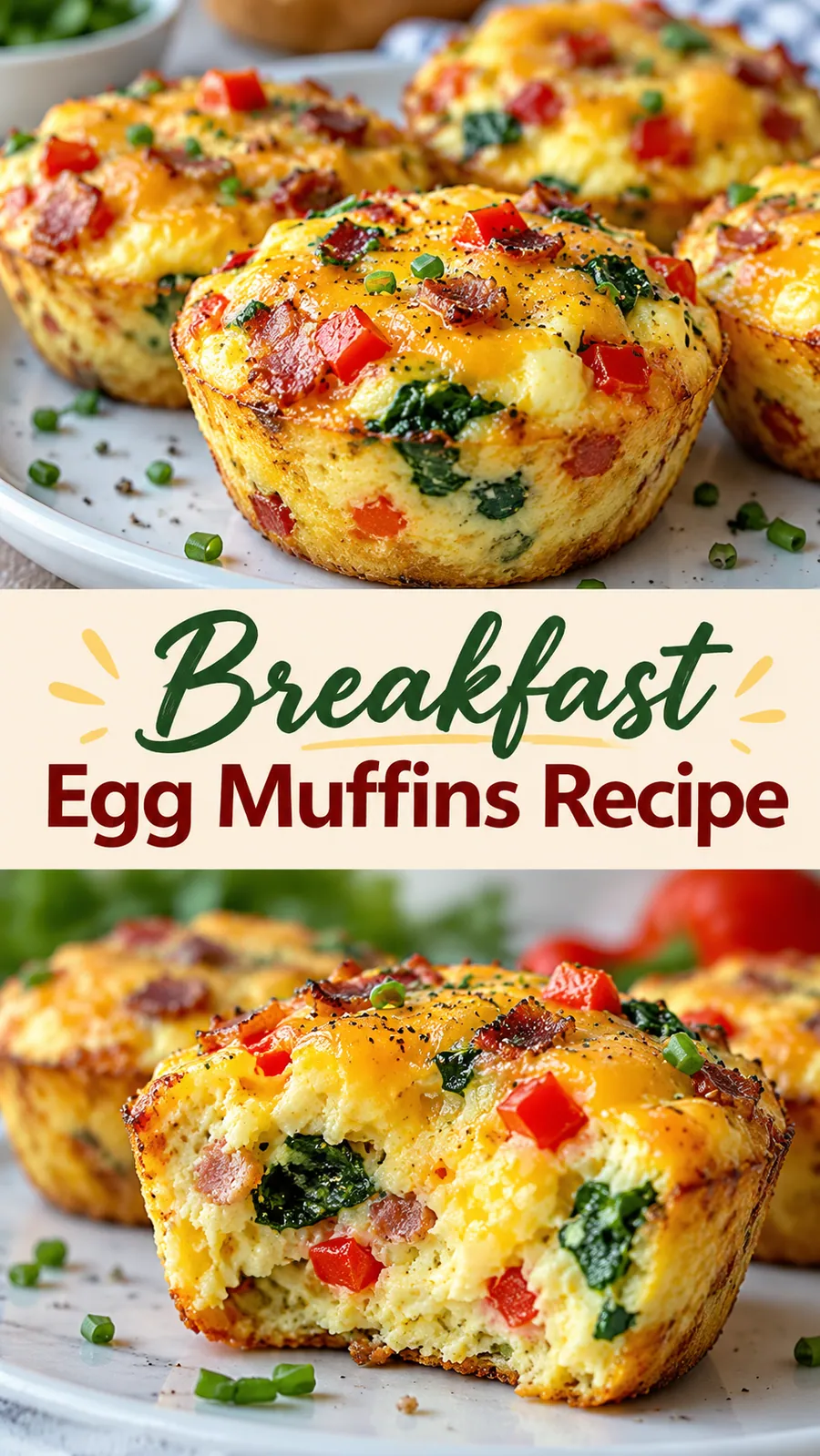 Pinterest image for Breakfast Egg Muffins Recipe, with two photos of the recipe