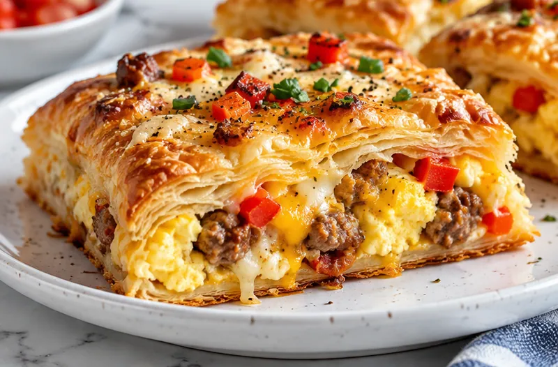 Breakfast Stuffed Puff Pastry Bars, ready to serve