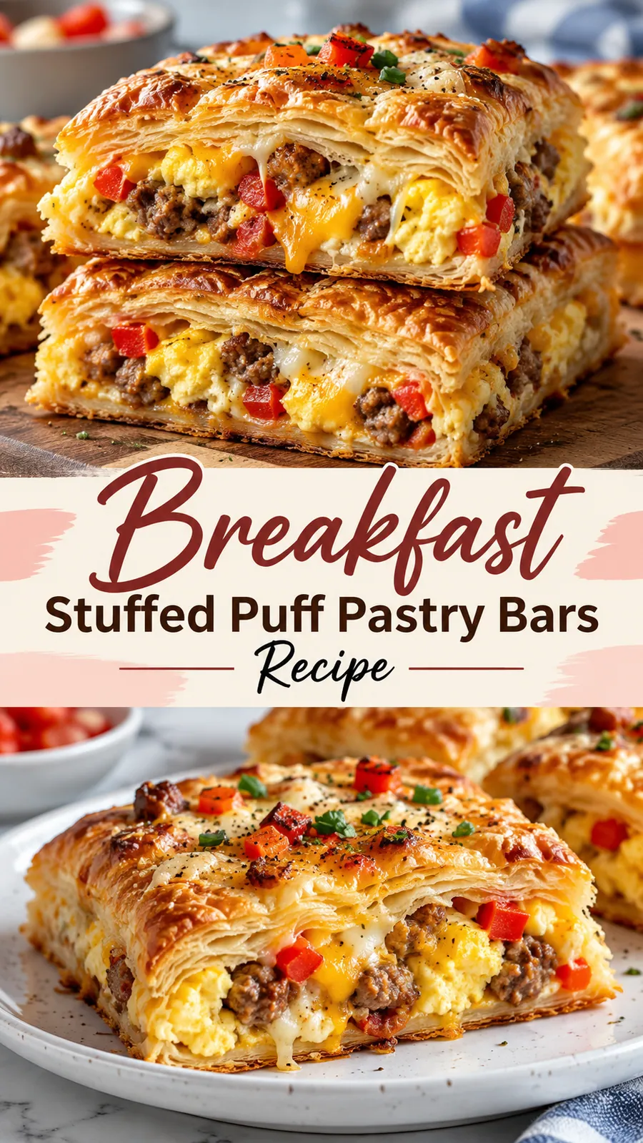 Pinterest image for Breakfast Stuffed Puff Pastry Bars Recipe, with two photos of the recipe