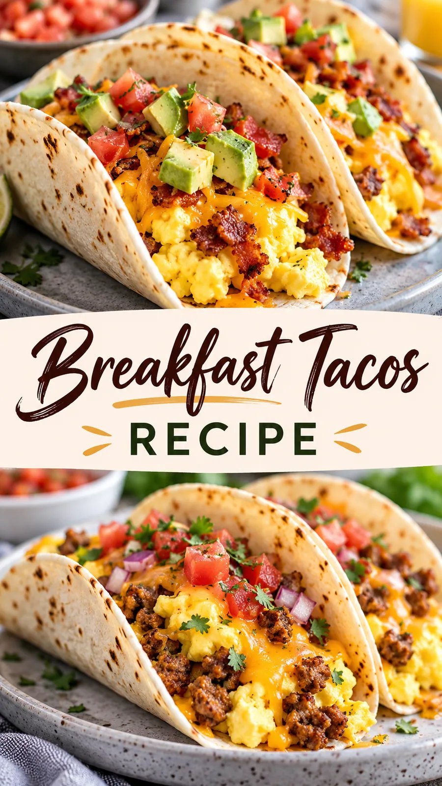 Pinterest image for Breakfast Tacos Recipe, with two photos of the recipe
