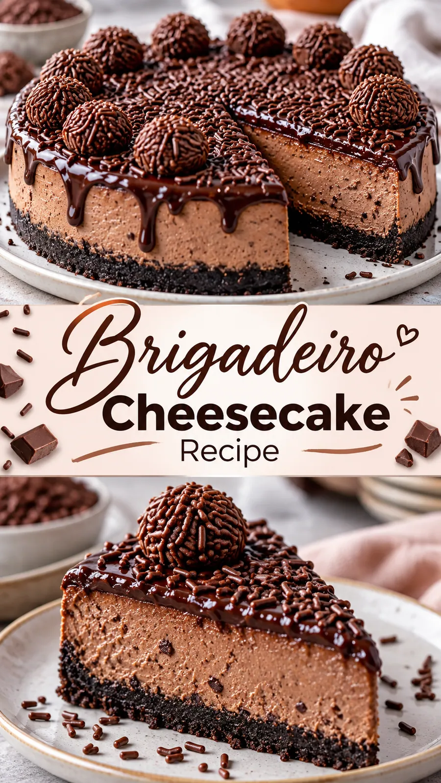 Pinterest image for Brigadeiro Cheesecake Recipe, with two photos of the recipe